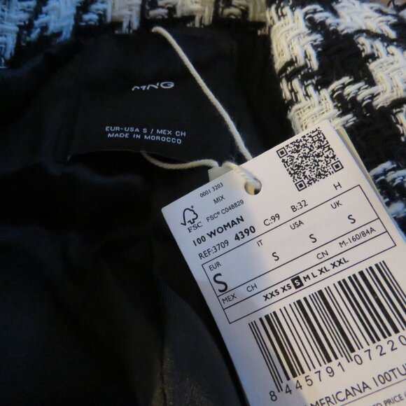 MANGO Houndstooth Wool Blend Frayed Hem Blazer Academia Black White - Size S NWT - Picture 14 of 14
